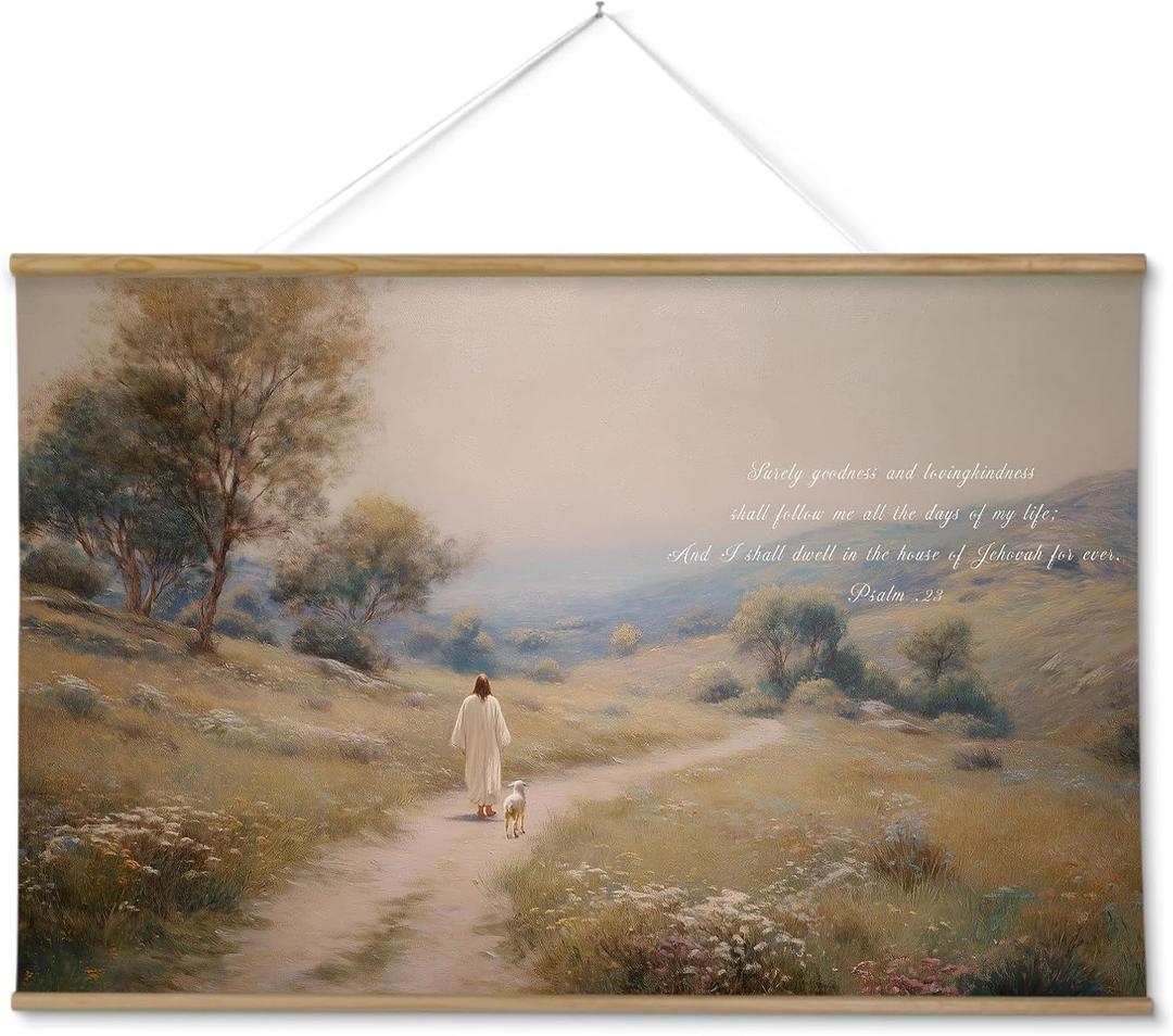 InSimSea 36x54 Extra Large Canvas Scroll Wall Art, Jesus with Sheep Bible Verse Religious Decor, Inspirational Christian Oil Painting for Living Room, Prayer Room, Church