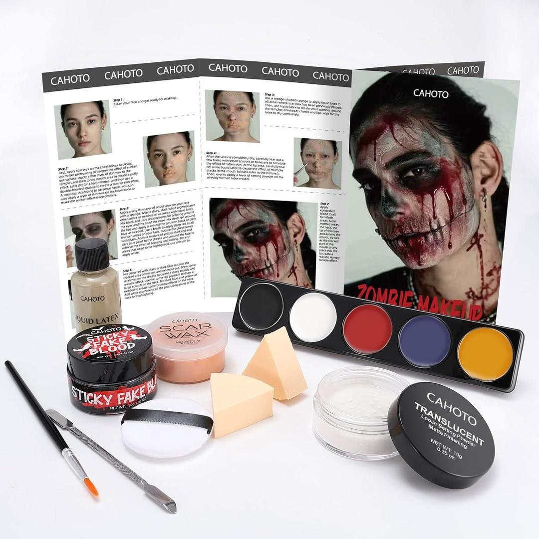 Halloween Zombie SFX Makeup Kit, Complete Zombie Makeup Set Include 5 Colors Face Paint, Scar Wax, Setting Powder, Fake Blood & Liquid Latex for Cosplay Stage Realistic Special Effects Makeup