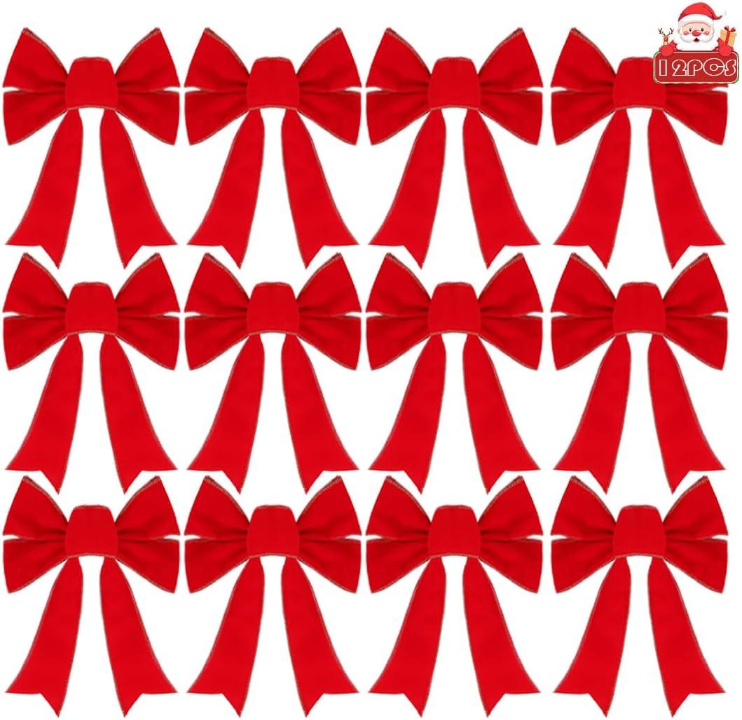 Frekkoy Christmas Bows - 12Pcs Christmas Red Velvet Bows 9''x13'' Packaged in a Box, Perfect for Gift Wrapping, Tree, Wreath, Gifts & Home Christmas Decorations