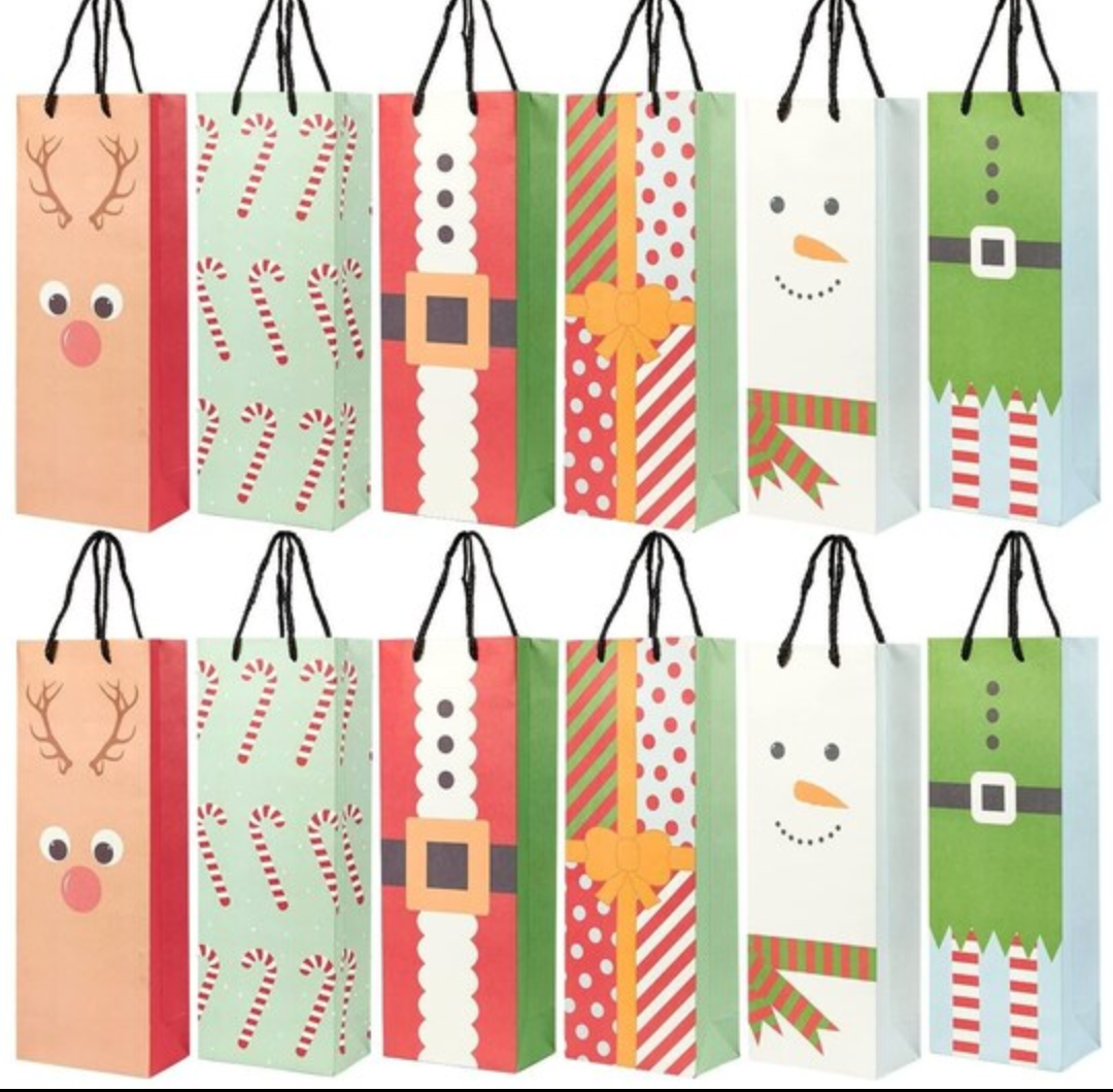 Blue Panda 24 Pack Christmas Wine Gift Bags, 6 Winter Xmas Designs, Christmas Wine Bags for Wine Bottles Present, Winter Holiday Season Gathering Party, 15.3 x 3.2 x 5.5 Inches