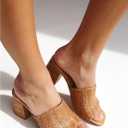 Ancomafio Heeled Sandals for Women，Raffia Sandals 2026 Chunky Heels Square Toe Mules Block Summer Shoes Slip On (Brown, M)