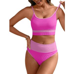 ANRABESS Womens High Waisted Bikini Sets,Color Block 2 Piece Swimsuits,Tummy Control Bathing Suits,Thick Ribbed Beach Wear (Pink, M)