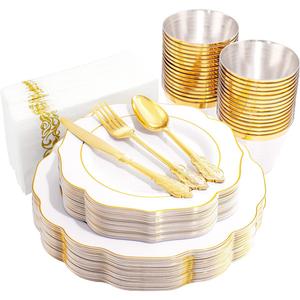 NOCCUR 175PCS Gold Plastic Plates with Disposable Silverware - White Gold Plastic Tableware Includes 25 Dinner /25 Dessert Plates, 75 Cutlery, 25 Cups, 25 Napkins - Ideal for Party/Wedding