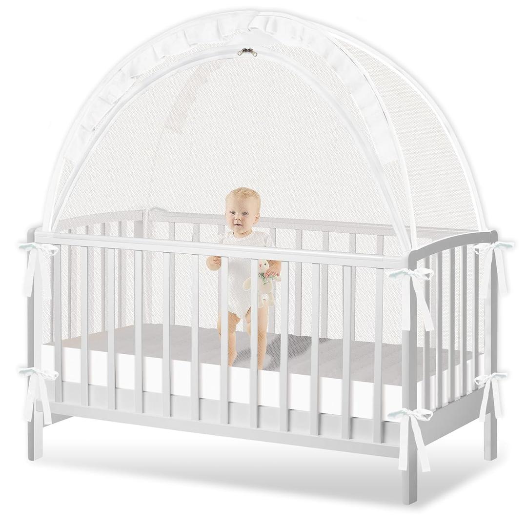 Crib Tent to Keep Baby from Climbing Out - Crib Net to Keep Baby in - Pop Up Breathable Cribs Cover - Canopy with Upgrade Strong Mesh and Durable Zipper (White, Lager)