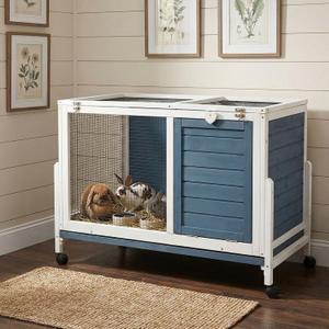 Large Indoor Rabbit Hutch Wooden Bunny Rabbit Cage 2-Story with Run Caster Waterproof No-Leak Pull-Out Tray Ramp Wheel for Guinea Pig Small Medium Animal Wood Pet House Home Blue & White 37