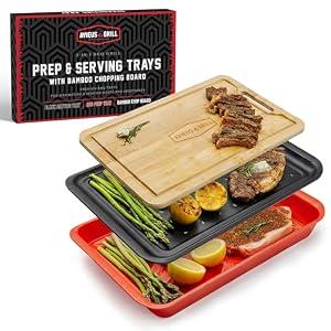 AVIEUS Grill Prep and Serving Trays | Set of 3 Stackable, Melamine Trays with Bamboo Cutting Board | Trays for Marinating, Serving & Chopping | Serving Platter for Plating Food & BBQ Prep Tub |