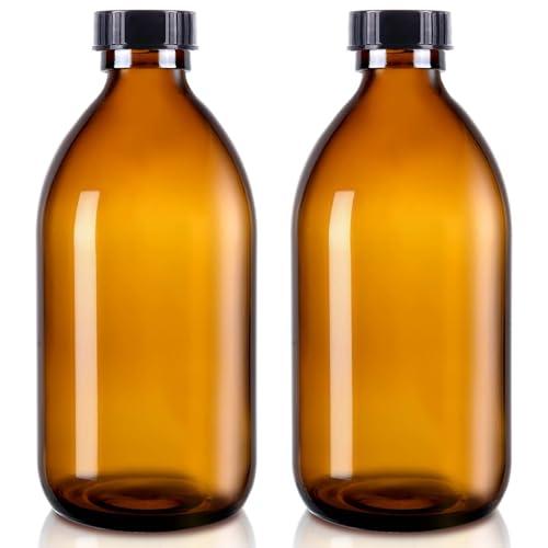 2 Pack,16 OZ Amber Glass Bottles Boston Round Sample Refillable Bottles with Black Caps, Perfect Glass Containers for kombucha, Secondary Fermentation,Storing condiment,Homemade Essential Oils