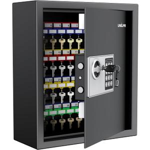 Uniclife 70 Position Key Cabinet with Combination & Key Lock Wall Mounted Security Keys Safe Key Organizer Black Digital with Keypad Adjustable Racks Key Tags & Permanent Pen (Batteries Not Included)