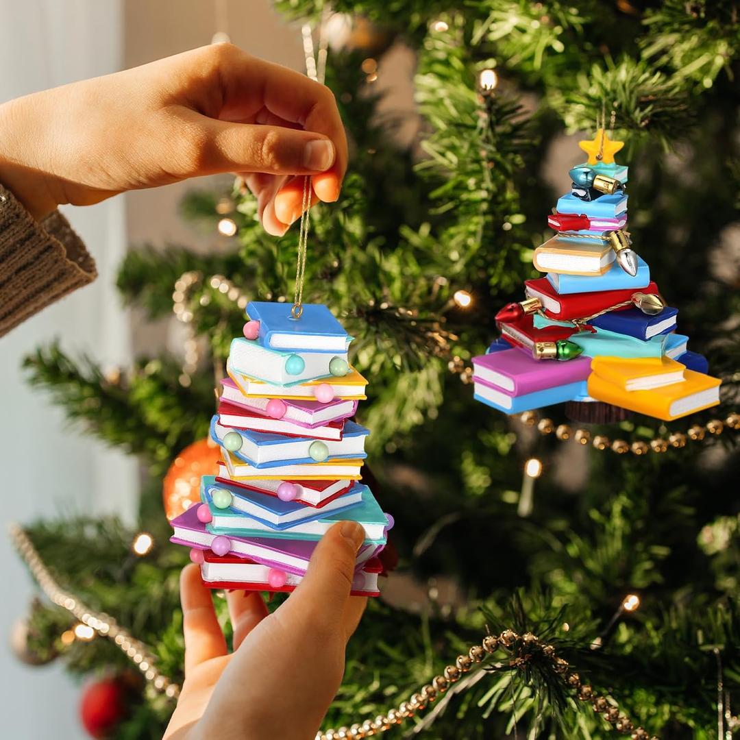 2 Pcs 3D Christmas Book Ornament for Tree 2025 Resin Book Lovers Gifts for Christmas Tree Hanging Ornaments Reading Library Club Decoration Gift for Bookworm Teacher Librarian Bookshelf