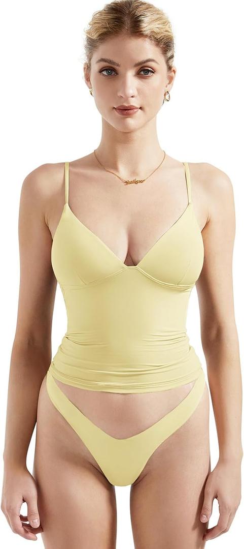 SUUKSESS Women Sexy Deep V Neck Sleeveless Fitted Basic Tops Y2K Tank Top Cami (Medium, Butter Yellow)