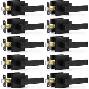 Plustool 10 Pack Matte Black Door Handles Interior, Keyless Interior Door Knobs, Privacy Door Locks for Bedroom Bathroom, Heavy Duty Square Door Lever Locksets, Reversible for Left&Right Handled Doors