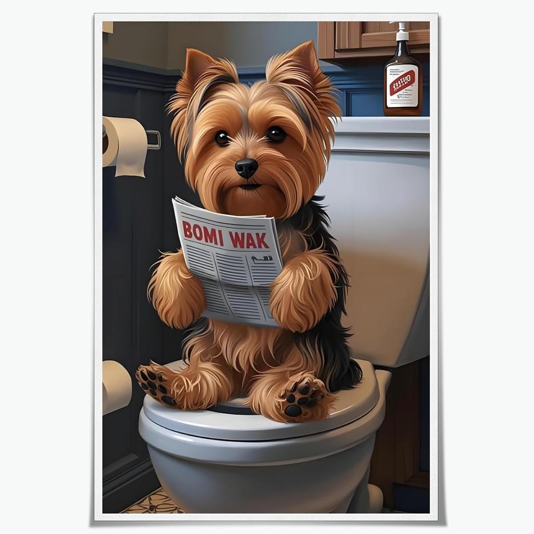Bathroom Wall Decor Art Funny Silky Terrier Dog in Toilet Reading Newspaper Canvas Print Poster Pet Lover Gift Home Dog Theme Room Aesthetics Humorous Animal pictures 24x36inch Unframed (style-1-Unframed)