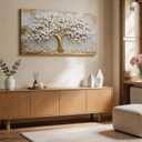 Large Tree of Life Canvas Wall Art Gold and White Flower Big Tree Painting Picture Wall Decor Botanical Floral Poster Print Artwork for Living Room Dining Bedroom, 48"L x 24"W