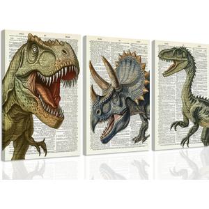 Ovczax 3 Pieces Dinosaur Canvas Wall Art - Tyrannosaurus Rex, Triceratops, Velociraptor Decor For Kids Room Game Room, Living Room, Bedroom 24" x 16"