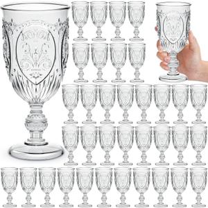 36 Pack Plastic Goblets 10oz Upgrade Vintage Water Goblet Plastic Wine Glasses Colored Retro Embossed Glassware for Party Wine Bar Juice Baby Shower Wedding Reception Grand (Clear)