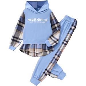 Hilinker Girls Plaid 2 Piece Outfits Graphic Color Block Hoodie and Sweatpants Set Blue Plaid Letter 11-12 Year