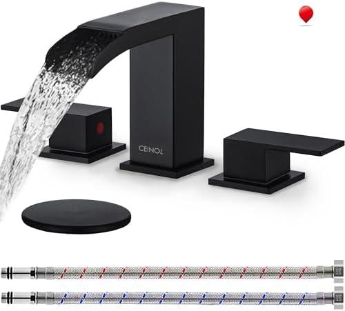 CEINOL Waterfall Bathroom Faucet Matte Black, Bathroom Sink Faucet 3 Hole, Widespread Bathroom Faucet Set with Pop Up Drain and Hose