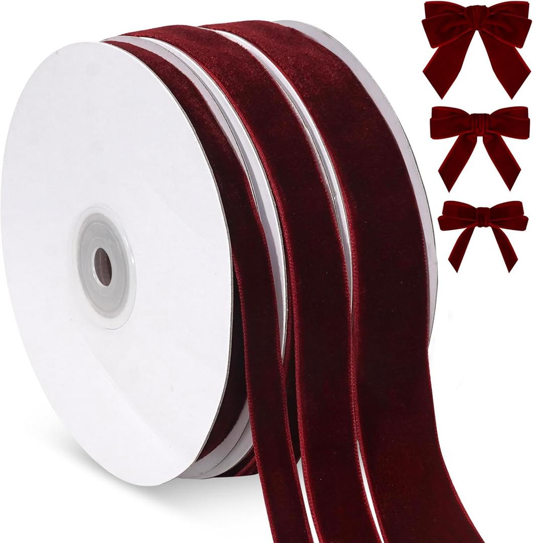 Vintage Burgundy Velvet Ribbon, 3 Rolls Thin Maroon Velvet Ribbon for Gift Wrapping, Maroon Christmas Ribbons for Christmas Tree Ornaments, Holiday Decor, Wreaths, 3/8, 5/8, 1 inch Wide, 30 Yards Total