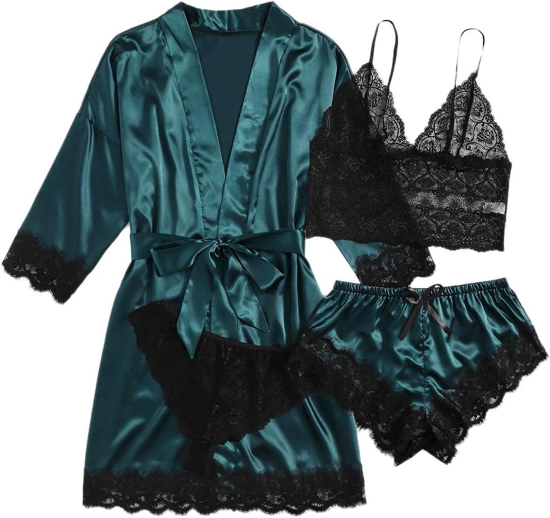 WDIRARA Women' Silk Satin Pajamas Set 4pcs Lingerie Floral Lace Cami Sleepwear with Robe (XX-Large, Green)