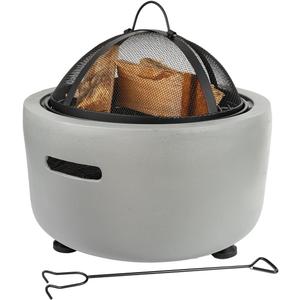 Barton 18" Round Concrete Charcoal Wood Burning Fire Pit, Magnesium Oxide Spark Screen, Fireplace Poker, Grate, BBQ Grill Firepit Charcoal Grill