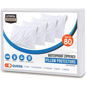 Utopia Bedding 80 Pack Waterproof Pillow Protectors with Zipper Queen Size (White), Bed Bug and Dust Mite Proof Pillow case Covers, Moisture Wicking Pillow Encasements 20 x 28 Inches