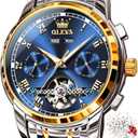 OLEVS Self Winding Watches for Men Automatic Mechanical Dress Tourbillon Stainless Steel Dual Calendar Waterproof Luminous Wrist Watch (Blue)