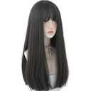 22 Inches long Hair Wig for Women Black Synthetic Hair Natural Long Straight Wig With Bangs Party Cosplay Wig for Girl (Black brown)
