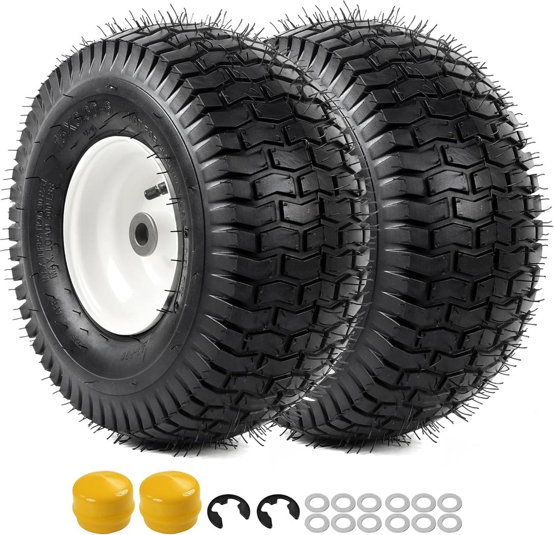 AR-PRO Replacement 15x6.00-6 Front Tire and Wheel Assembly for Riding Mower Lawn Tractor, 3" Centered Hub and 3/4" Bushings, 4-Ply Pneumatic (Set of 2)