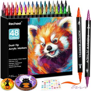 48 Colors Acrylic Paint Markers, Dual Tip with Precision Fine Tip and Versatile Brush Tip Pens for Creative DIY, Crafting, Stone, Wood, Canvas, Glass, Metal, and More
