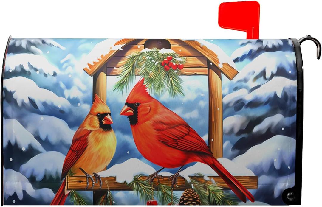 Winter Cardinal Birds Mailbox Cover - Magnetic Standard Size 21" X 18" Winter Red Bird Mailbox Decor for Outside Home (18x21 Inch style)
