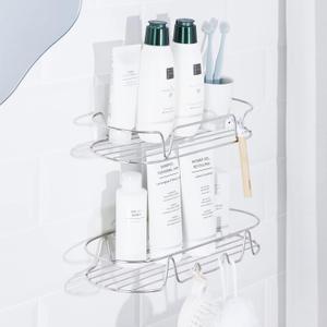 KINCMAX Shower Caddy, Rustproof SUS304 Stainless Steel, Adhesive Wall Mount Double Round Baskets 2-pack (Polished Silver)