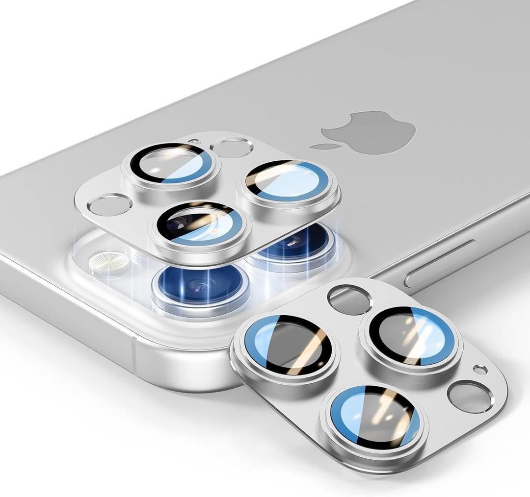 for iPhone 14/15/16 Pro & Pro Max Camera Lens Protector [2 Pack], Tempered Glass with Metal Alloy Frame, for iphone 16 pro max lens protector, HD Clear Photography, Silver