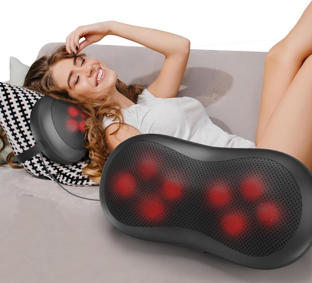 Adjustable Neck-Shoulder Massage Pillow with Magic Strap, High-Power Copper Motor, Hand Control & Heating Back Massager for Pain Relief (Button, 8 Head)