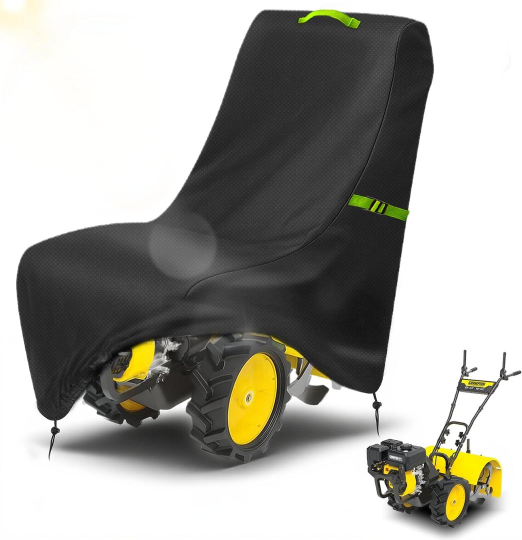 Tiller Cover, Rototiller Covers, 420D Silver-Coated Waterproof Fabric, Adjustable Drawstring Hem, Green Handle & Rear Waist Band  Fits Most Tillers (Black, Gas Tiller Cover)