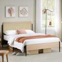 GarveeHome Full Size Boho Bed Frame with Natural Rattan Headboard & Solid Wood Footboard - Under Bed Storage Space, Quiet Noise-Free Design, No Box Spring Needed, Oak