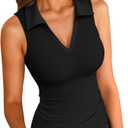Womens Sleeveless Tank Tops Lapel Collared V Neck Slim Fitted Ribbed Knit Tight Polo Tops S