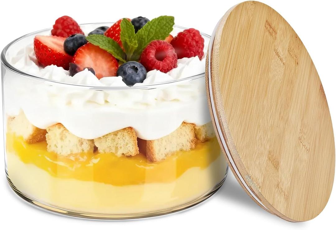 Oungg Large Salad Bowl, Trifle Bowl Glass with Sealed Lid, Versatile Mixing and Serving Bowl for Laying Ice Cream,Cake,Cupcake,Salad (9 in)