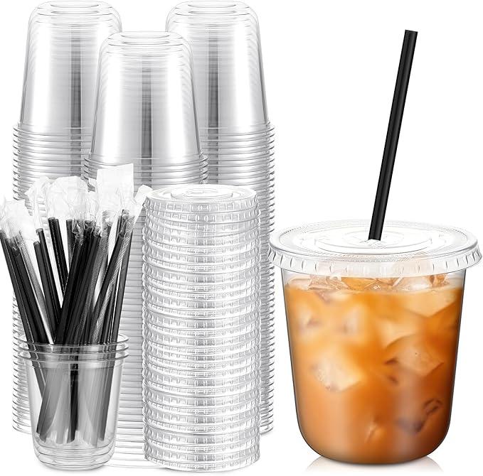 Ziliny 100 Set 12 oz Clear Plastic Cups with Lids and Straws, Disposable Iced Coffee PET Cups for Drinking Cold Beverage Juice Parfait Smoothie Milkshake Coffee Shops Party Supplies