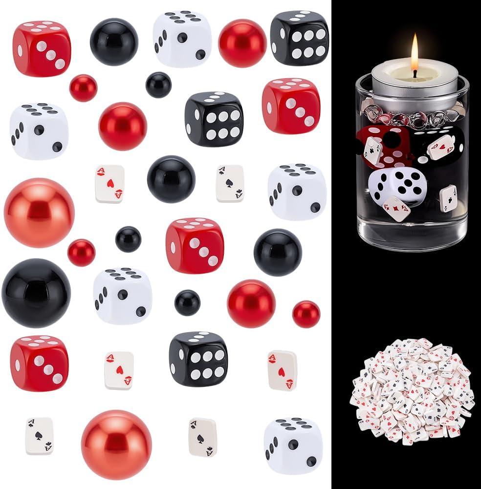 320 Pcs Casino Theme Vase Fillers Bead Kits ABS Plastic Imitation Pearl Beads Opaque Acrylic Dice Handmade Polymer Clay Playing Card for Las Vegas Night Birthday Table Centerpieces