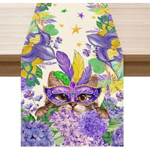 XCHI Mask Cat Iris Fleur De Lis Flowers Mardi Gras Table Runner Carnival Table Decoration for Masquerade Party Home Kitchen Dining Holiday Decor 13x120 Inch