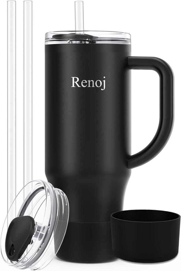 Renoj Insulated Mug 100% Spill Resistant Insulated Water Bottle for Iced Coffee & Hot Drinks - Fits Car Cup Holder, Ideal Gift, 2 Straws & Silicone Boot - FlexSlide White 32 oz