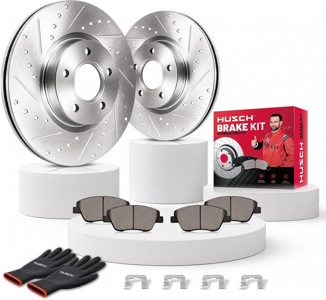 HUSCH Ceramic Brake Pads and Drilled and Slotted Brake Rotors Fit for Volvo