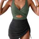 B2prity Women Mesh One Piece Swimdress Swimsuit Tummy Control V Neck Cutout Bathing Suit Wrap Drawstring Sarong Swimwear (X-Large, Army Green,black)