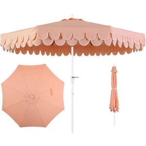 JONATHAN Y UMB1002H Tracy 9 ft. Classic MidCentury Scalloped Fringe Market Patio Umbrella with Auto-Tilt Crank, Wind Vent and UV Protection in Coral Pink/White, White Pole