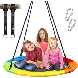 Trekassy 700lb 40 Inch Saucer Tree Swing for Kids Adults Outdoor 900D Oxford Waterproof with 2pcs Tree Hanging Straps, Steel Frame and Adjustable Ropes (Rainbow)