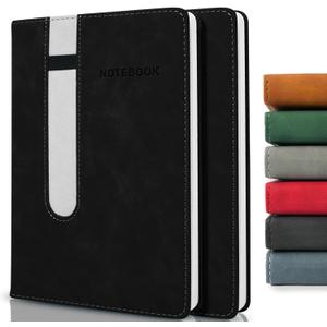 Lined Journal Notebook, 240 Pages, A5 5.7" x 8.3", PU Leather Journals with Elastic Pen Holder, 80 GSM Thick Paper, Water-Resistant Hardcover Notebooks for Writing Journaling Office School - Black, 2 Pack