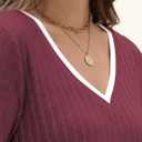 V Neck Long Sleeve Shirts for Women Fall 2025 Casual Business Ribbed Knit Sweater Cute Work Outfits (X-Large, D-wine Red)