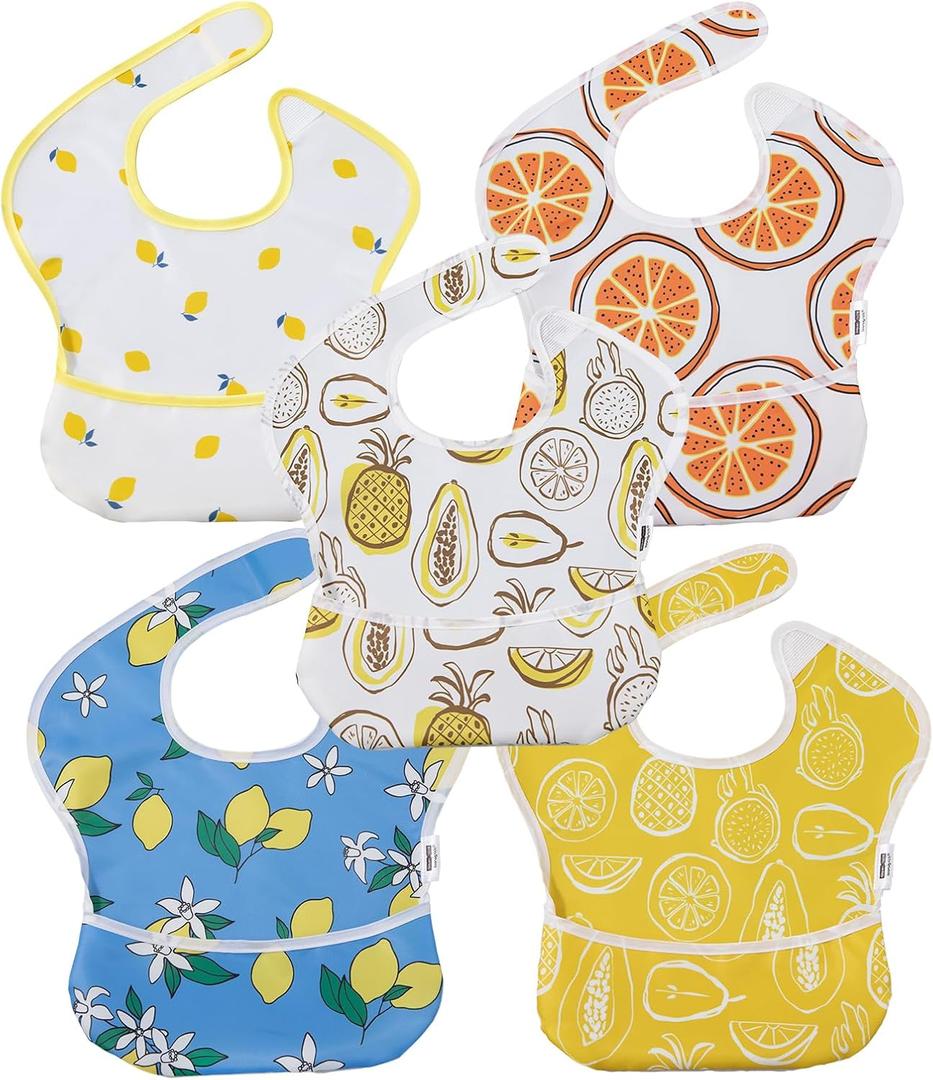Soarwg Kids Baby Bibs, 5 Pack Waterproof Bibs for Unisex Boys Girls, Essential Must Have for Babies Eating, Feeding (Fruit)