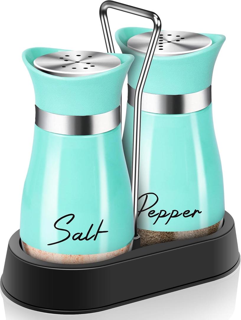 Teal Salt and Pepper Shakers Set with Holder,4 oz Turquoise Kitchen Decor and Accessories Farmhouse Gadgets Table Housewarming Gift Christmas Decor Refillable Design (Teal)