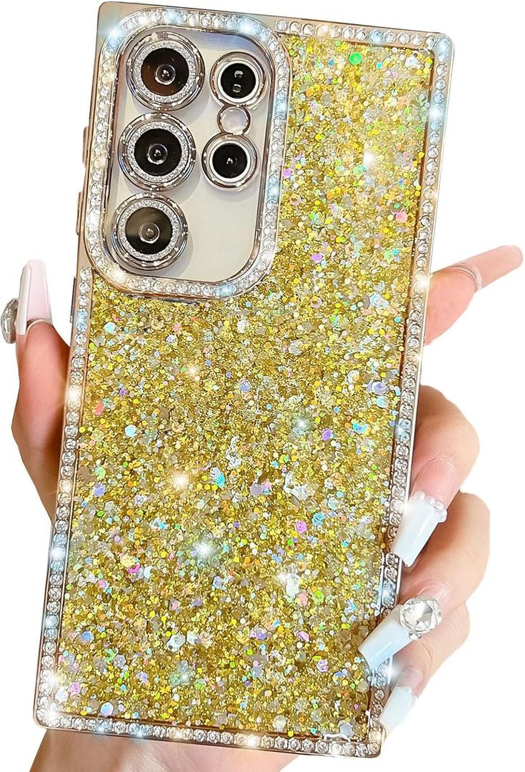 Trendy Girly Glitter Powder Compatible with Sumsung Galaxy Rectangle Case, Elegent Cute Slim Women Bling Diamond Rhinestones Plating Phone Cases(Gold,S25 Ultra)